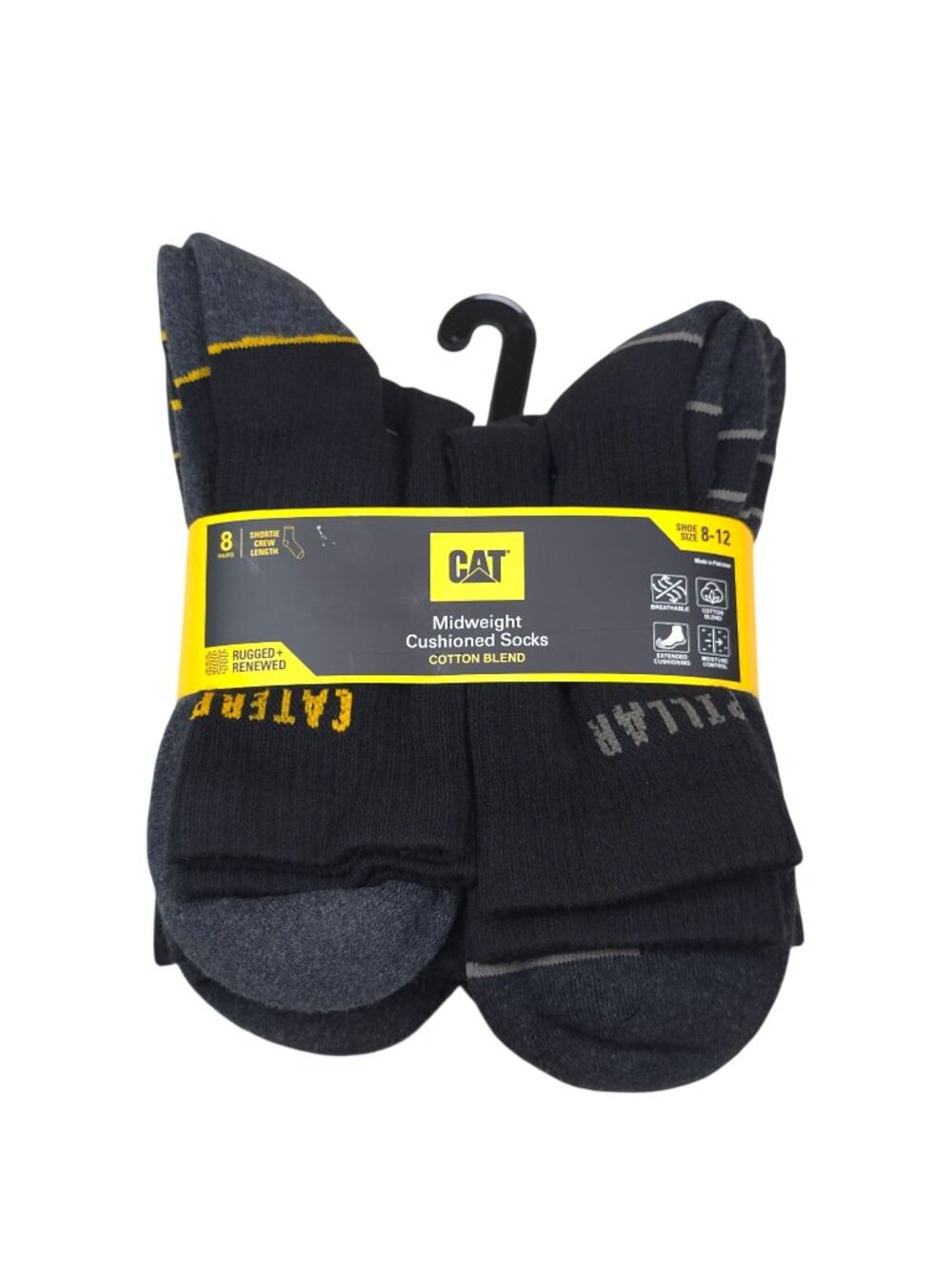 CAT Midweight Cushioned Cotton Blend Crew Socks 8-Pack Shoe Size 8-12 Black Gray